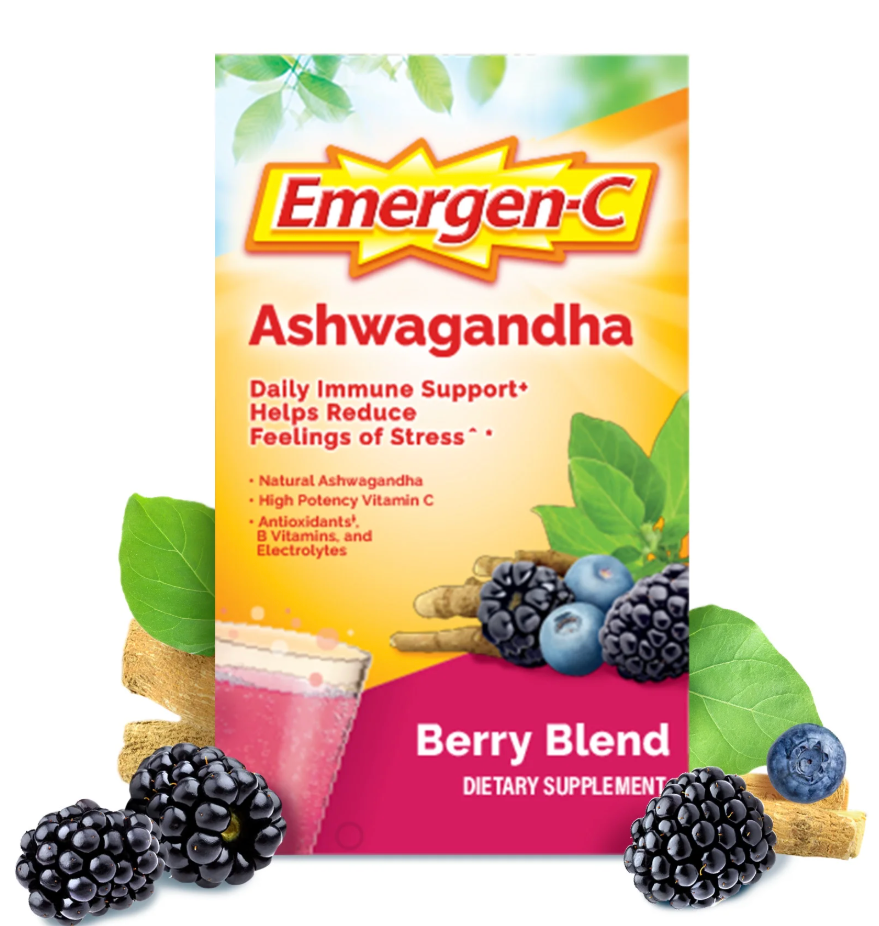 Emergen-C Vitamin C Ashwagandha Drink Mix, Dietary Supplement for Immune Support, Berry Blend, 18 Ct