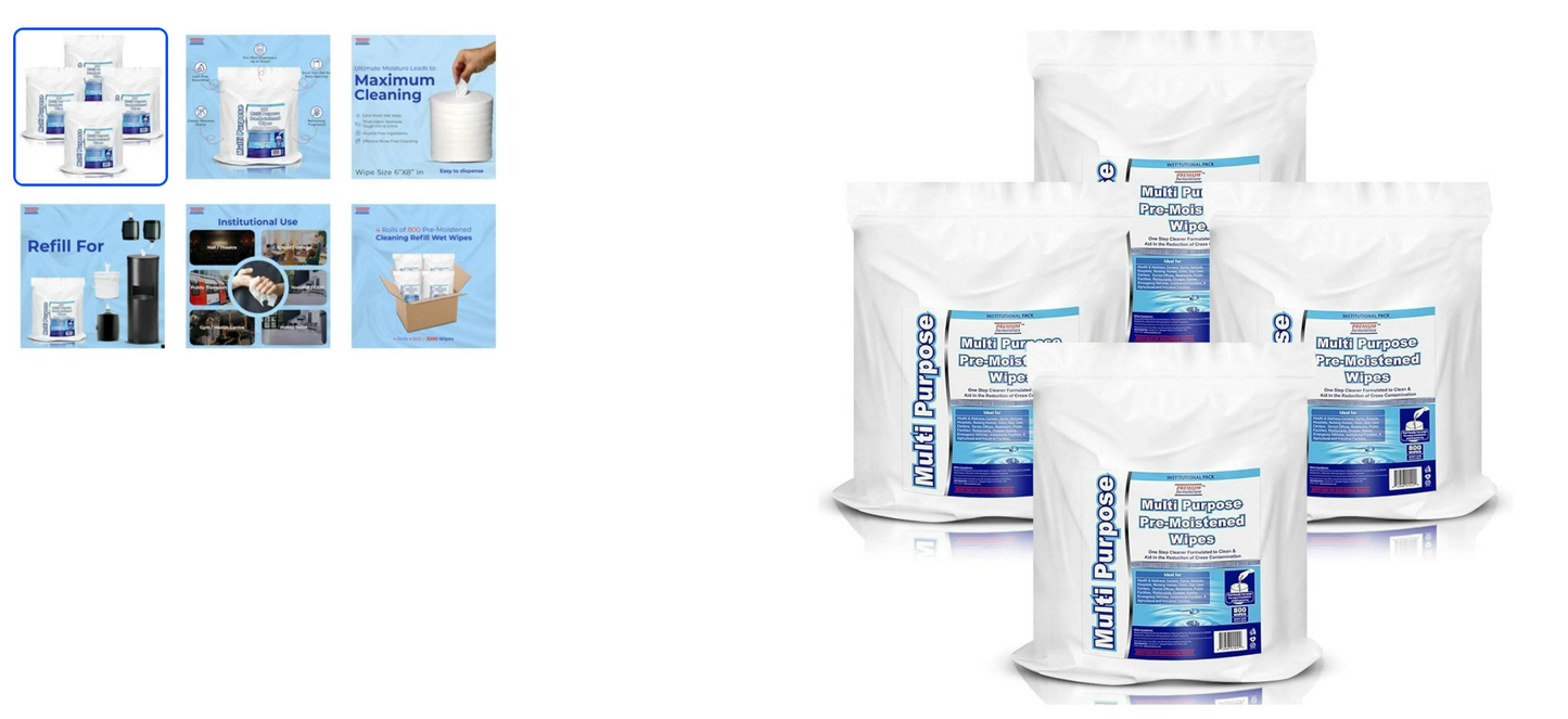 Wet Wipes Bulk Buy - 4 x 800 Count Refill Bags (3200 Disposable Wipes) Value Pack - For Upward Pull Dispenser Ideal For Public Use